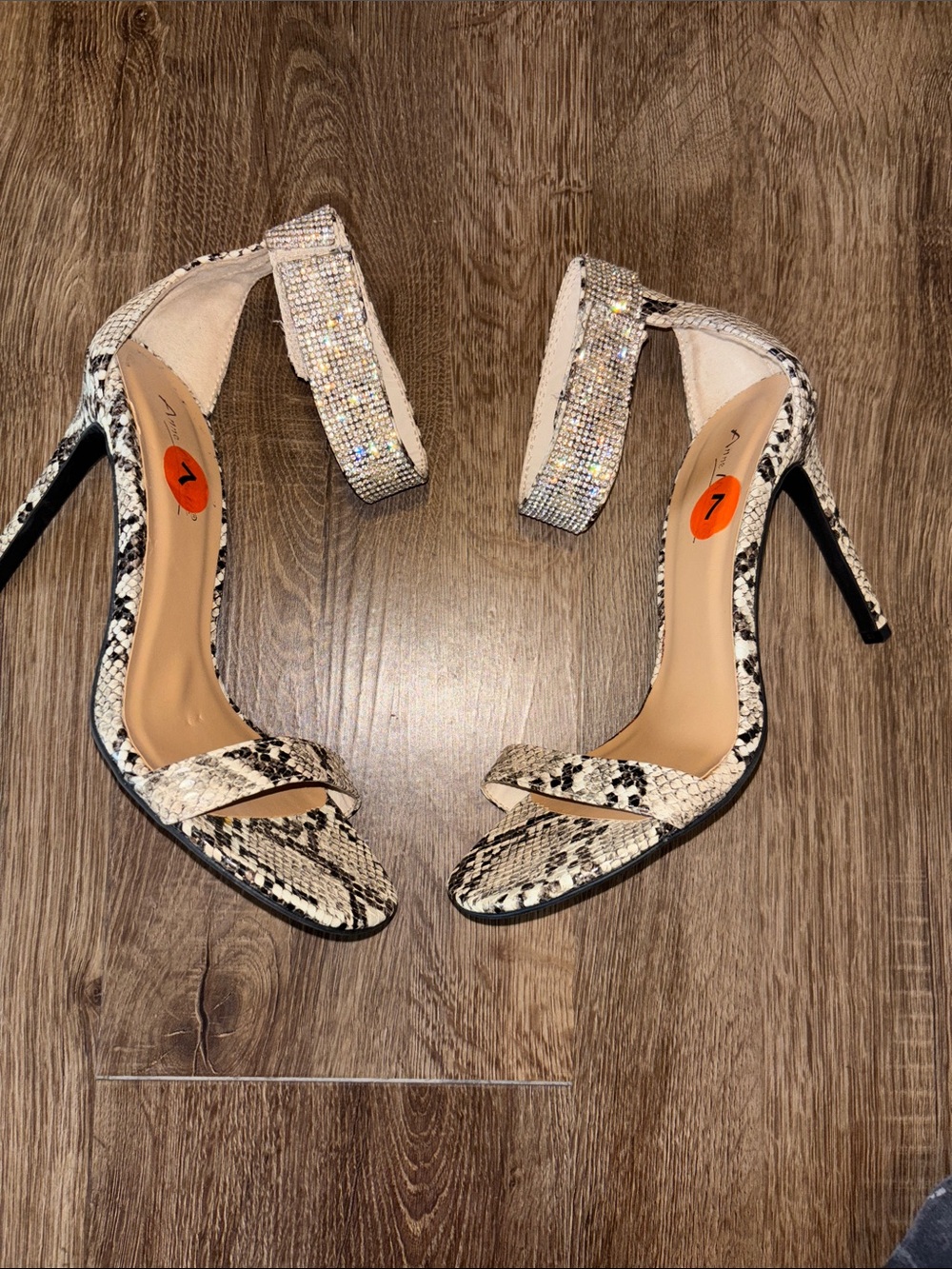 Snakeskin High Heel Sandals with Rhinestone Ankle Strap